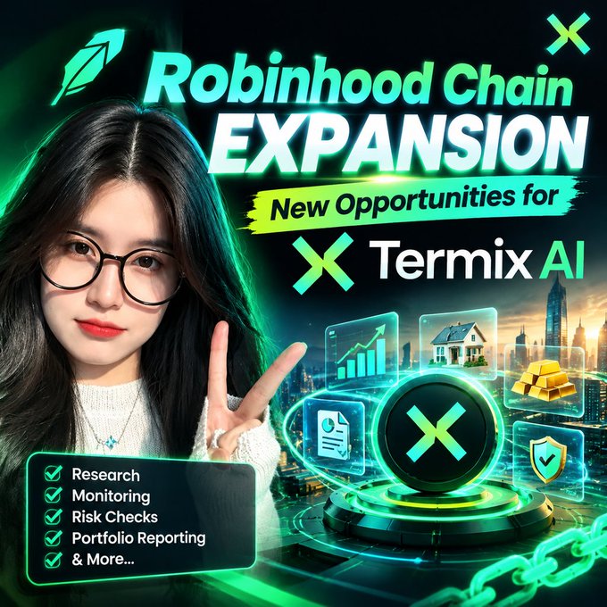 Promotional graphic for 'Robinhood Chain EXPANSION - New Opportunities for Termix AI' featuring an Asian woman with glasses making a peace sign, alongside icons for Research, Monitoring, Risk Checks, and Portfolio Reporting.