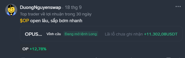 A social media post by 'DuongNguyenswap' about a top trader with profit, mentioning '$OP' with text 'OP +12,78%' and showing unrealized profit of '+11,302.08 USDT'.
