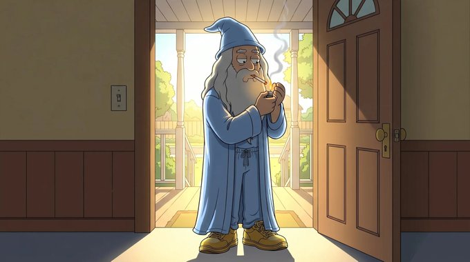 A cartoon wizard character in blue robes smoking a pipe while standing in an open doorway with sunlight streaming through.
