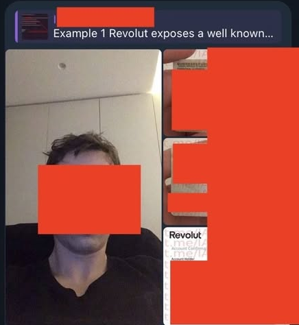 A screenshot showing 'Example 1 Revolut exposes a well known...' with a person's photo whose face is redacted, along with a Revolut metal card and other obscured content.