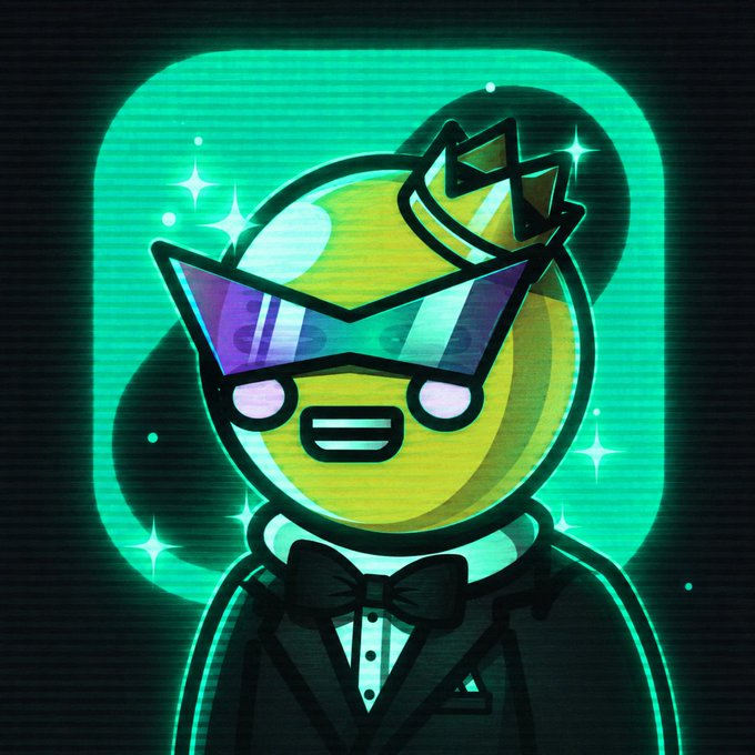 A stylized yellow emoji wearing purple visor sunglasses, a crown, and a tuxedo with bowtie, glowing with teal neon aesthetic on a dark background, representing the crypto/Web3 alpha caller's confident, celebratory entry into the MintedNFTs community.
