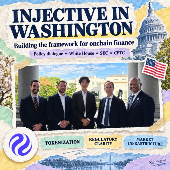 A promotional graphic titled 'INJECTIVE IN WASHINGTON' features five men in suits standing in front of the White House, with text highlighting 'Tokenization', 'Regulatory Clarity', and 'Market Infrastructure'.