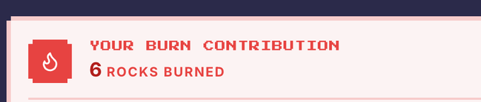 A minimalist graphic with red text on a light background stating "YOUR BURN CONTRIBUTION - 6 ROCKS BURNED" with a flame icon.