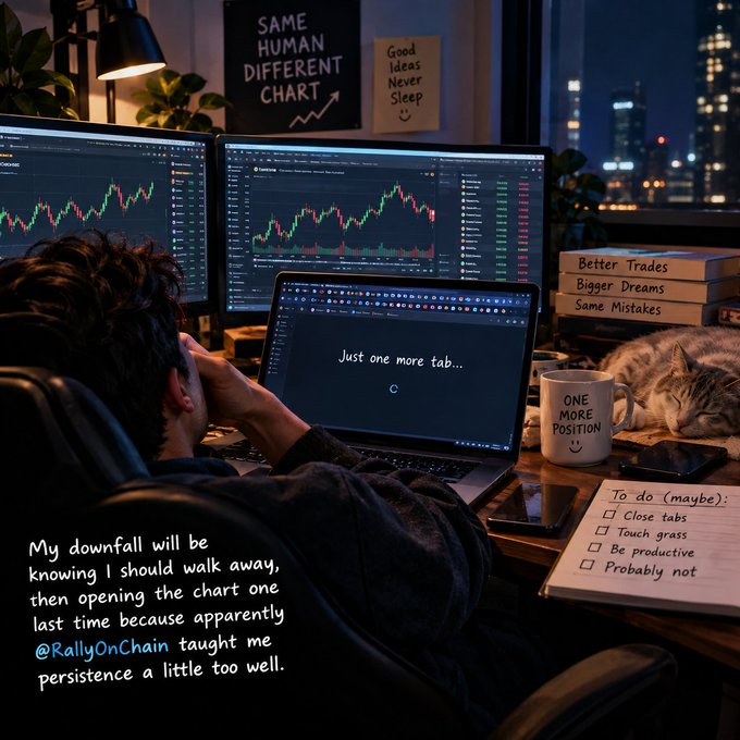 An AI-generated meme showing a person staring at multiple trading charts on a laptop and monitors. Text reads 'Just one more tab...' and 'My downfall will be knowing I should walk away, then opening the chart one last time because apparently @RallyOnChain taught me persistence a little too well.' A mug says 'ONE MORE POSITION :)' and a to-do list includes 'Probably not'.