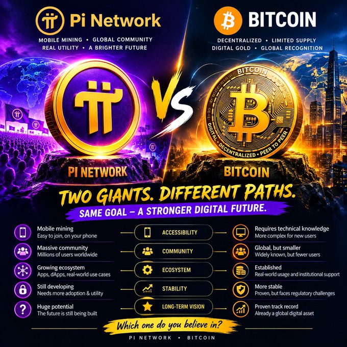 A vibrant comparison infographic pitting "Pi Network" against "Bitcoin" with the headline "Two Giants. Different Paths. Same Goal - A Stronger Digital Future."