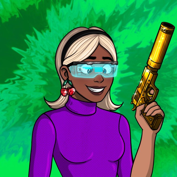 A cartoon illustration of a smiling blonde woman wearing smart glasses and a purple turtleneck, holding a golden handgun against a green splash background.