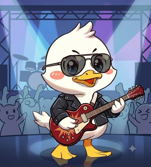 A cartoon duck wearing sunglasses and a black leather jacket plays a red electric guitar on a concert stage with an audience cheering in the background.
