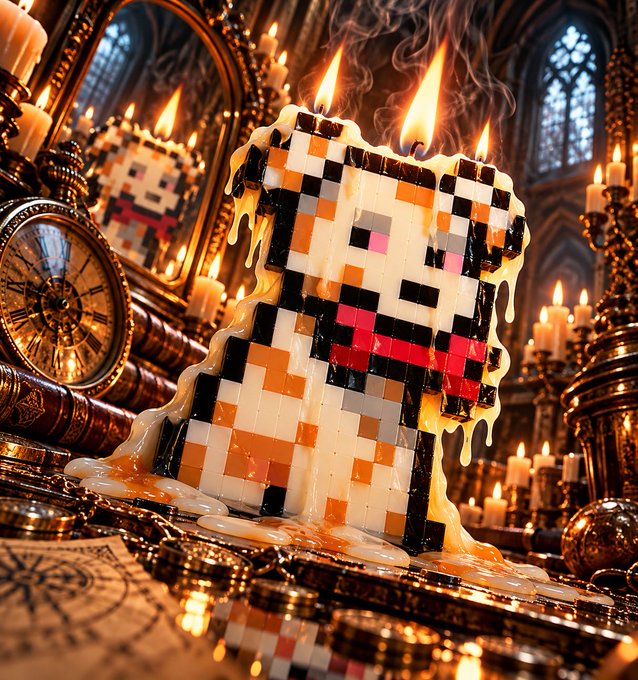 A pixelated Minecraft-style cake figure with lit candles on top, surrounded by ornate candles, a vintage pocket watch, and baroque decor in warm lighting.