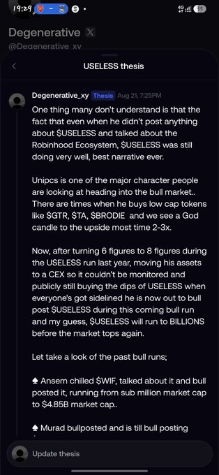 A screenshot of a post from @Degenerative_xy on X displaying a detailed thesis on $USELESS, arguing it could run to billions of market cap after moving from 6 to 8 figures last year and being publicly endorsed by top crypto figures like Ansem and Murad. The image aligns with the author's caption by showcasing their shared bullish thesis on $USELESS, emphasizing that even without a live stream or direct mention from $USELESS, it delivered the best narrative and performance within the Robinhood ecosystem.