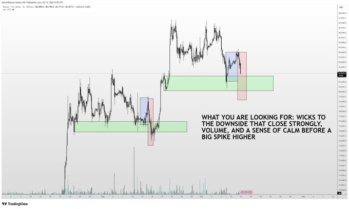 A Bitcoin price chart from TradingView showing BTC/USD on Coinbase with green support zones highlighted around the 80-81k region, accompanied by overlay text reading "WHAT YOU ARE LOOKING FOR: WICKS TO THE DOWNSIDE THAT CLOSE STRONGLY, VOLUME, AND A SENSE OF CALM BEFORE A BIG SPIKE HIGHER." The image visually supports the author's view that BTC is likely to bounce from the 80-81k support area, with the annotated wicks and consolidation patterns illustrating the price action they referenced in their post.