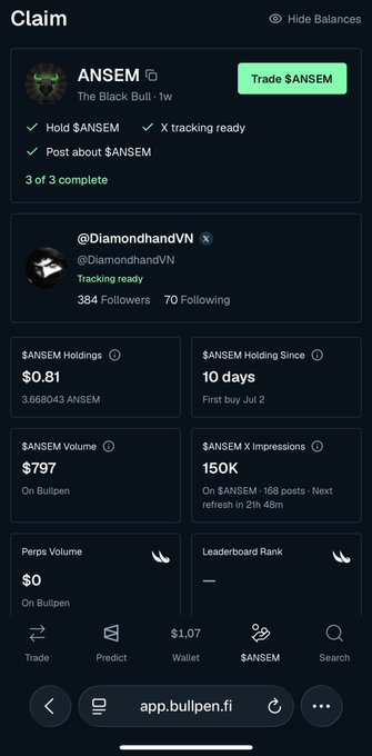 The image shows a Bullpen app screen displaying completed claim requirements for $ANSEM (Hold $ANSEM, X tracking ready, Post about $ANSEM), with the user @DiamondhandVN earning 150K $ANSEM X impressions, 3.668043 $ANSEM holdings, and $797 volume—celebrating the achievement referenced in the post.