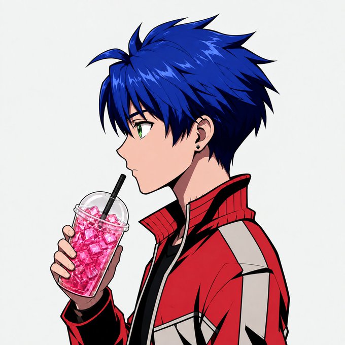 An anime-style illustration of a blue-haired boy in a red jacket sipping a pink drink from a clear plastic cup with a black straw.