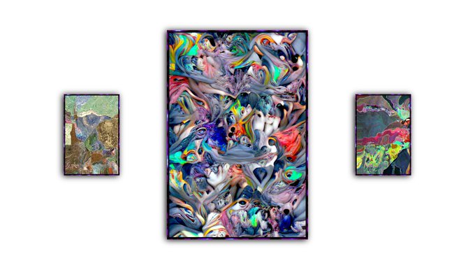 Three abstract paintings displayed in black frames against a white wall, with the central piece being larger and more colorful than the two flanking it.