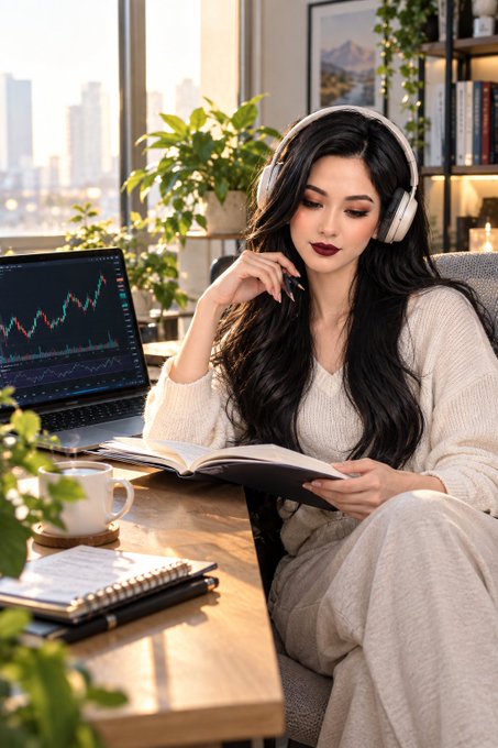 An AI-generated image of a woman with long dark hair wearing headphones and a cream sweater, reading a book in a sunlit room with a laptop displaying financial charts and a city skyline visible through the window.