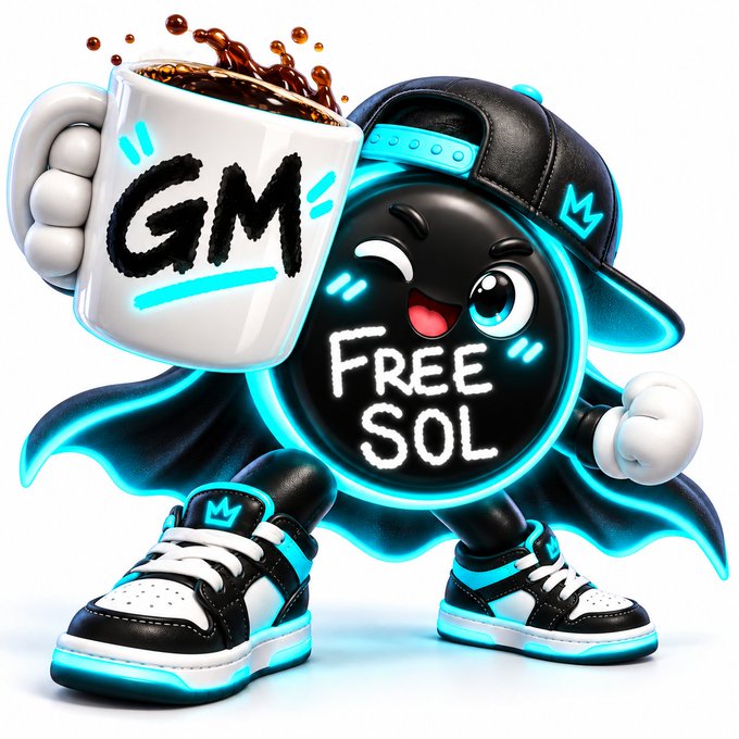 A 3D-rendered black mascot character with a glowing cyan outline, wearing a cap and sneakers, holding a mug of coffee that says 'GM', with 'FREE SOL' written on its body.