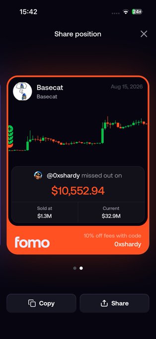 Mobile app screenshot showing a 'Share position' screen for 'Basecat' on fomo, indicating that @Oxshardy missed out on $10,552.94, with the position sold at $1.3M and current market cap at $32.9M.