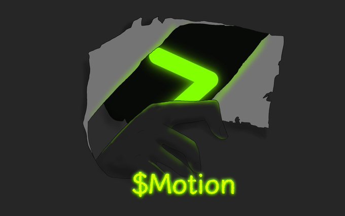 A stylized digital illustration showing a silhouetted hand holding a glowing green device with a chevron symbol, labeled '$Motion' below.