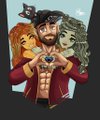 A small, low-resolution image showing a bearded man in a red jacket holding a diamond-shaped object, with other figures partially visible behind him.
