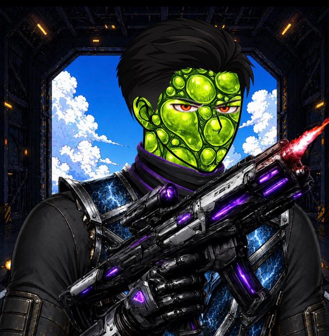 The image features a man with a green face wearing a black suit and holding a gun. The background shows a runway set up for a fashion show, indicating that this could be an advertisement or promotional material related to the GM @solskypilots brand. The caption reads "GM @solskypilots The runway is set and the excitement keeps building. Every day brings us one step closer to the deal day. Stay ready, stay engaged, and keep your eyes on the horizon—the best journeys start before takeoff".