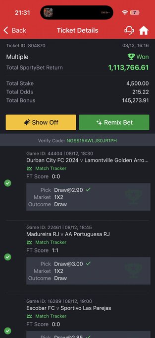 A mobile betting app screenshot shows a winning ticket (ID: 804870) dated 08/12 with a total stake of 4,500.00 yielding a return of 1,113,766.61, featuring match predictions including "Durban City FC 2024 v Lamontville Golden Arrows" and "Madureira RJ v AA Portuguesa RJ." The image visually supports the post's boast about turning a small 4,500 stake into over 1 million in returns ("so small 4500 na 1m").