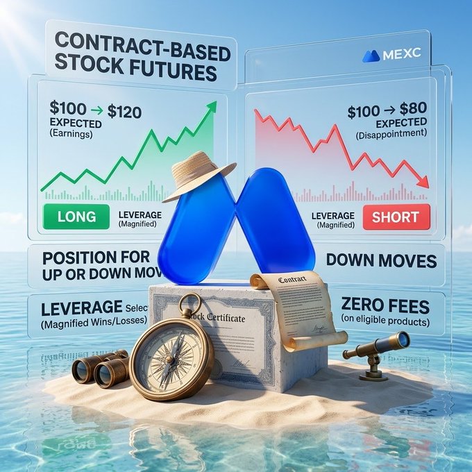 MEXC promotional graphic for 'Contract-Based Stock Futures' showing long/short leverage scenarios ($100 → $120 and $100 → $80) with zero fees, decorated with a hat-wearing M logo, compass, contract scroll, and spyglass on an island.