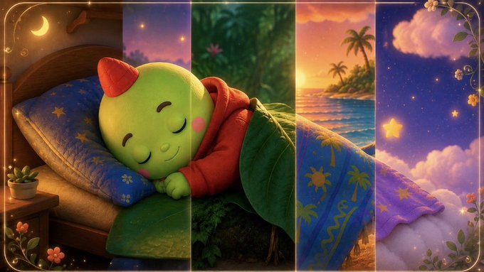 An illustration of a sleeping green character with a red hoodie and pointed hat lying on a blue star-patterned pillow, with a collage of dreamy scenes including a crescent moon, starry night, tropical sunset, and clouds forming the background.
