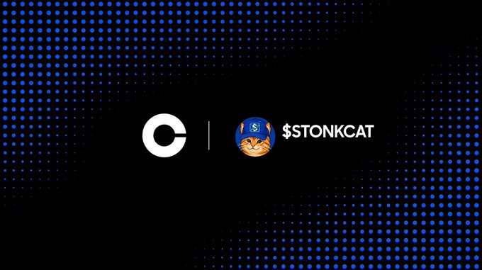 A black graphic with blue dotted patterns displaying a white 'C' logo next to '$TONKCAT' with an orange cat emoji wearing a blue cap.