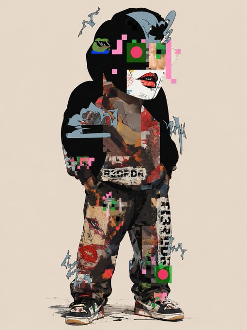 An artistic mixed-media style image shows a stylized character wearing a hoodie with text 'SCARYLUXURY' on the pants, a face partially obscured, and glitch-like pixelated elements in pink and green.