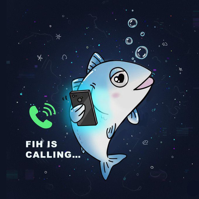 A cartoon shark holding a smartphone with an incoming call icon, with the text 'FISH IS CALLING...' against a dark underwater-themed background.