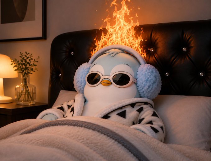A plush penguin wearing sunglasses and fluffy blue earmuffs sits in bed with animated flames erupting from its head, creating a humorous contrast with the cozy bedroom setting.