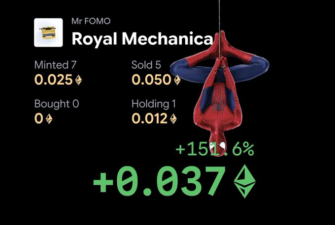A digital NFT portfolio dashboard displays a user's collection titled "Mr FOMO Royal Mechanica," showing 7 minted, 5 sold, 0 bought, and 1 holding, with the current holding showing a +151.6% gain of +0.037 ETH, represented by a hanging Spider-Man figurine. The image illustrates the user's profitable NFT investment performance, likely shared to showcase their trading success alongside their announcement about an upcoming membership onboarding system.