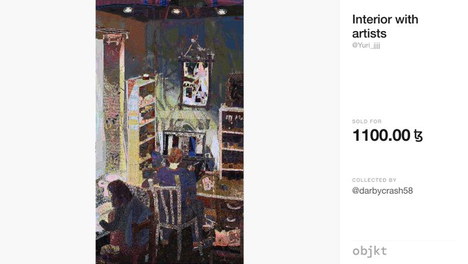 An NFT marketplace listing for 'Interior with artists' by @Yuri_lll, sold for 1100.00 and collected by @darbycrash58 on objkt.
