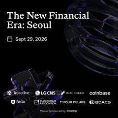 A dark promotional graphic titled "The New Financial Era: Seoul" dated September 29, 2026, featuring logos of event sponsors and partners including Injective, LG CNS, SMBC Nikko, Coinbase, Bldg, Blockchain Capital, Four Pillars, and B.DAC, alongside 3D rendered blockchain ring graphics. The image directly promotes the Injective KBW event highlighted in the post, which celebrated hundreds of participants gathering to launch a new financial era led by Injective.