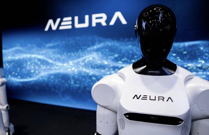 The image features a white robot with black facial features standing against a blue background. The robot has a name tag that reads "Neura" along with the word "Neura" written on its chest. In the background, there are two other robots, one of which is also wearing a name tag that says "Neura". The image seems to be related to a post about Neura Robotics and their funding round for AI-powered humanoid robots.