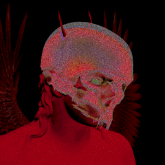 A skull-faced figure with red, vein-like textures and a halo of red spikes against a dark background, rendered in a glitchy, pointillist style. The eerie, crimson-hued artwork appears to be the "basic" Argonauts NFT by @lphaCentauriKid being critiqued in the post for lacking complexity given its $300 price tag.