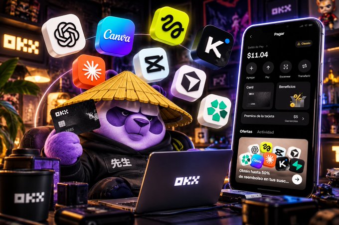 A stylized image shows a purple panda character in a conical hat using a laptop surrounded by app icons including Canva, alongside a smartphone displaying a digital card interface with 'OKX' branding.