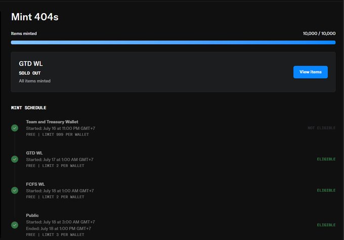 A 'Mint 404s' screen shows 10,000/10,000 items minted (sold out), with a mint schedule listing Team and Treasury Wallet (Not Eligible), GTD WL, FCFS WL, and Public phases.