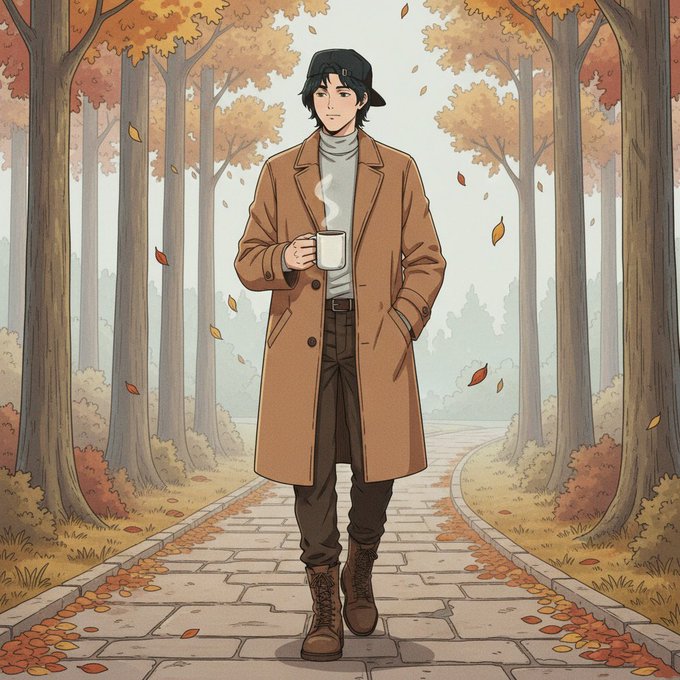 The image features a man walking down a path through an autumn setting with trees lining both sides of the street, creating a serene atmosphere. The man is dressed in a brown coat and hat, holding a cup of coffee as he walks along the sidewalk. There are also leaves scattered around him, adding to the overall ambiance of the scene.