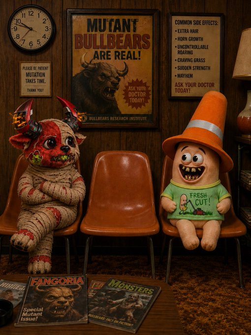 A creative horror-themed photo featuring a red mummy-like bull creature and a character wearing an orange traffic cone as a hat sitting on waiting room chairs, with 'MUTANT BULLBEARS ARE REAL!' poster and Fangoria/Monsters magazines visible.