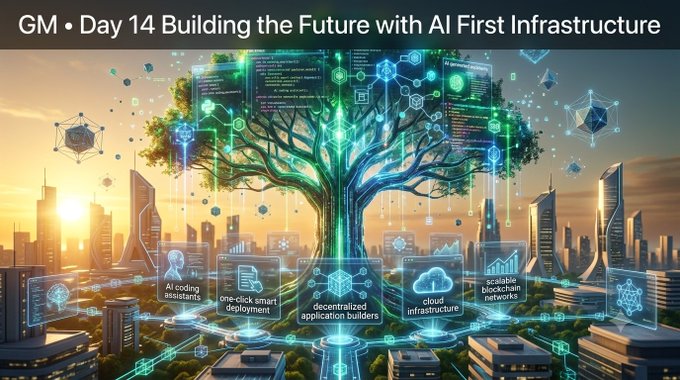 A futuristic digital illustration titled 'GM • Day 14 Building the Future with AI First Infrastructure' shows a glowing tree of code hovering over a city skyline, with floating tags like 'AI coding assistants' and 'decentralized application builders'.
