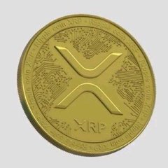 A gold XRP (Ripple) cryptocurrency coin is displayed against a gray background.