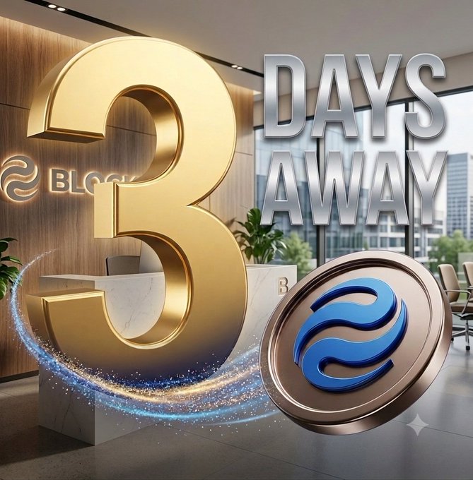 A promotional graphic featuring a large golden '3' and the text 'DAYS AWAY,' along with a blue coin displaying the 'S' logo, set in a modern office reception area.