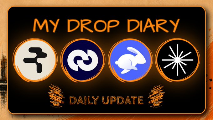 A graphic titled "MY DROP DIARY" and "DAILY UPDATE" featuring four cryptocurrency logos, including a blue circle with a white bunny and an orange circular logo.
