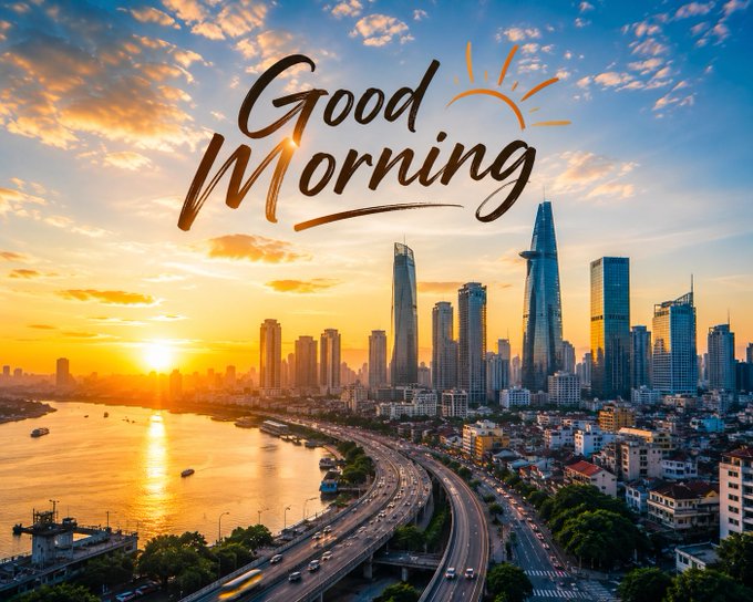 A vibrant sunrise over a city skyline with skyscrapers and a highway, overlaid with the text 'Good Morning' in stylized script.