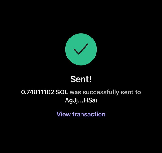 The image shows a message screen with a green checkmark symbolizing success, indicating that an email has been successfully sent. The email contains information about a transaction between two parties, including details such as the amount of money involved (€50) and the names of the senders (@pupftsx and @vangoghsx).