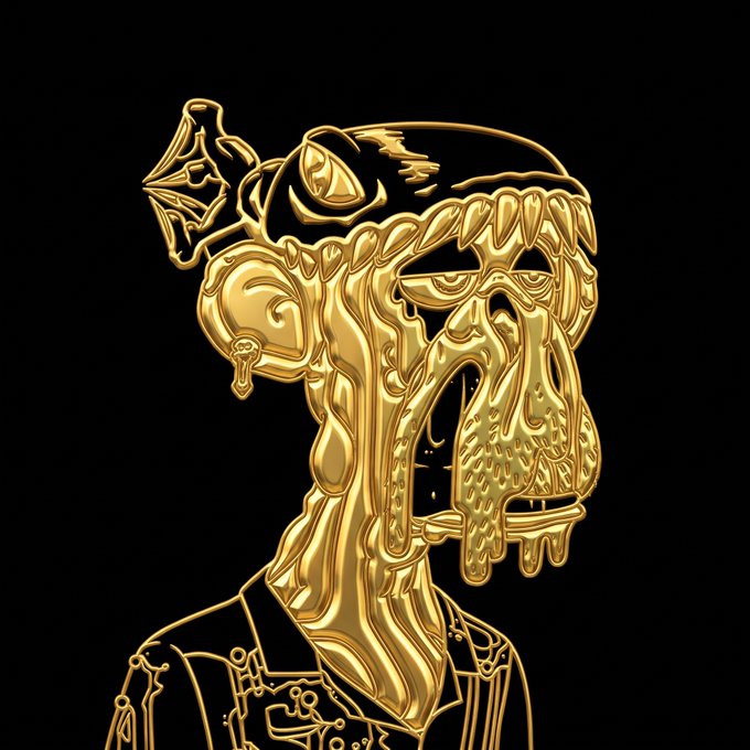 Gold line-art portrait of a bearded man wearing a cap and glasses, rendered as glossy molten metal against a black background.