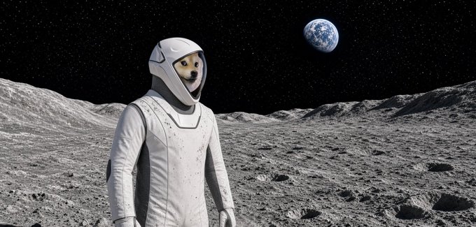 A dog wearing a spacesuit stands on the moon's surface with the Earth visible in the starry sky behind it.