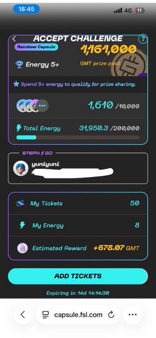 A mobile web page for a "Rainbow Capsule" challenge showing a GMT prize pool of 1,164,000, total energy at 31,950.3/200,000, and an option to add tickets.