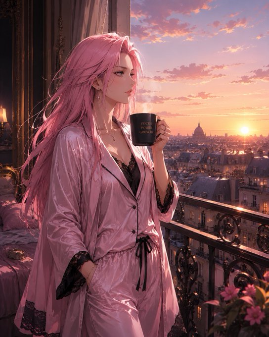 The image features a woman with long hair wearing pink pajamas holding a coffee cup while standing on a balcony overlooking a cityscape at sunset. The scene suggests that she might be enjoying her morning coffee or taking a break from work, as there is a caption about participating in Tria's campaign for rewards and updates posted below the image.