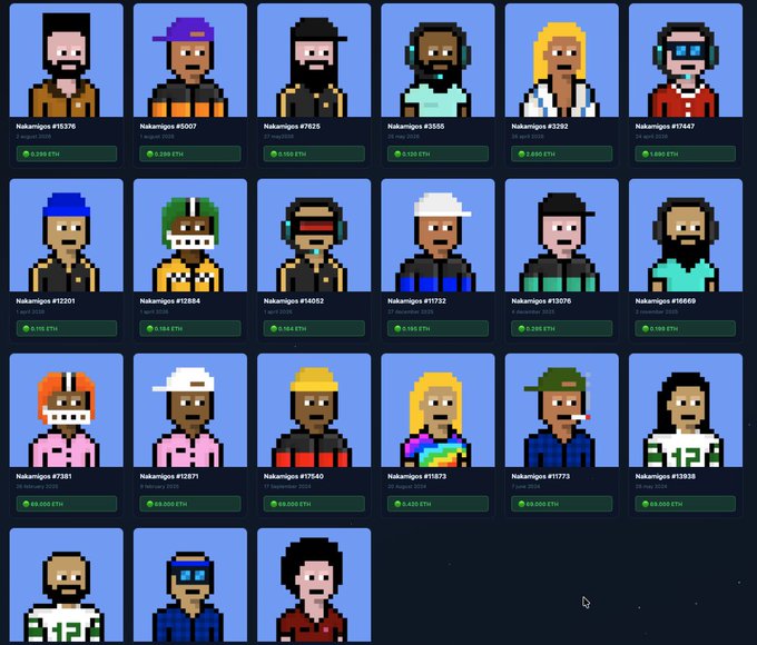 A grid of 24 pixel-art NFT avatars labeled 'Nakamigos' with various numbers and ETH prices displayed below each character.